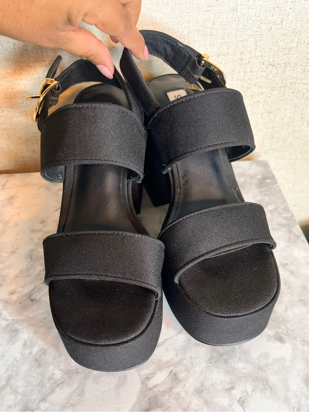 Steve Madden Black Platform Block Heel Sandals with Gold Buckle